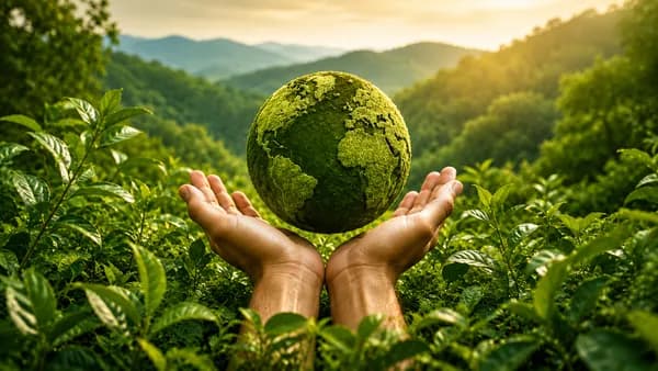 Our Vision - Two hands holding green mossy globe in lush valley